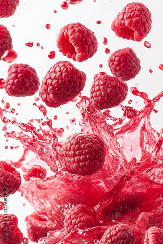 Exploding raspberry burst, vibrant red and pink color palette, juice splashes and raspberry fragments flying outward photo