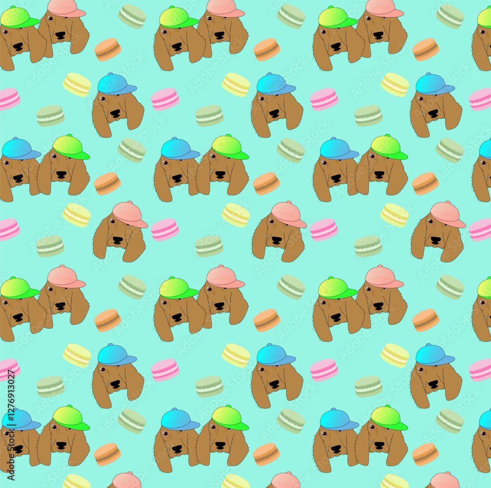 seamless pattern with spaniel dogs and macaroons, vector illustration, eps 10 seamless pattern with spaniel dogs and macaroons, vector illustration, eps 10