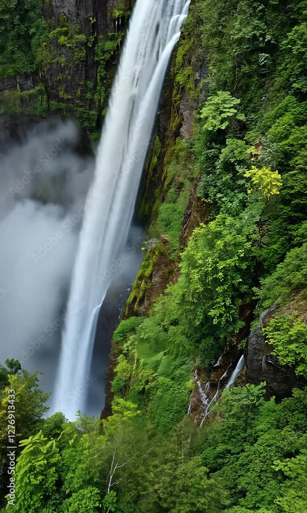 Cinematic Aerial Drone Vertical Shot View of a Majestic Waterfall in a Lush Green Canyon Landscape at Sunset Cinematic Aerial Drone Vertical Shot View of a Majestic Waterfall in a Lush Green Canyon Landscape at Sunset