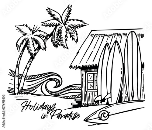 Peace and adventure in this charming beach house, where the waves beckon and the surfboards await you. Live life in harmony with the sea. Editable drawing with simple lines.