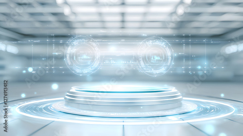 Futuristic holographic display showcase modern tech lab visual presentation high-tech environment aerial view innovation concept