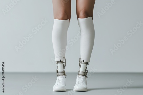 A woman with prosthetic legs stands with her feet apart. Concept of strength and resilience, as the woman is able to walk despite her physical limitations photo