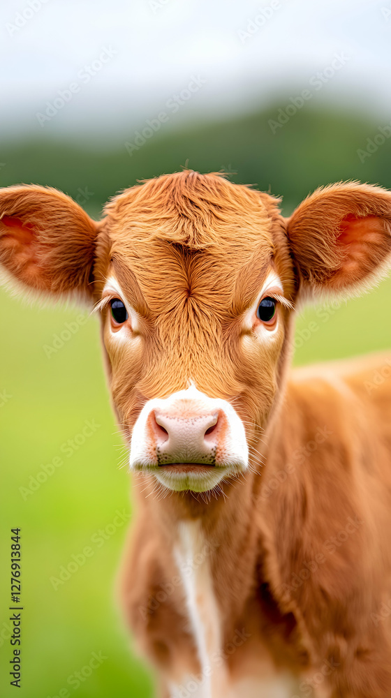 Calf portrait, farm field background, rural scene, livestock image