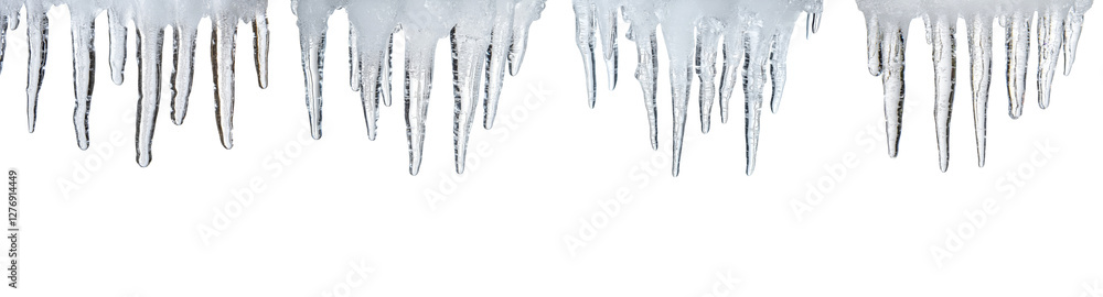 Fototapeta premium Group of icicles hanging from top for winter season isolated on transparent background