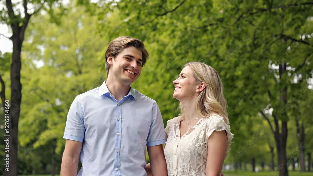 A smiling couple enjoying time together in a green park, symbolizing love, happiness, and relationships in a natural setting A smiling couple enjoying time together in a green park, symbolizing love, happiness, and relationships in a natural setting