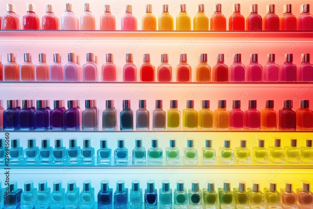 Diverse collection of colorful nail polishes arranged in rainbow order. Generative AI Diverse collection of colorful nail polishes arranged in rainbow order. Generative AI