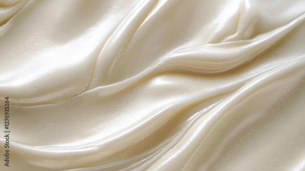 Fototapeta premium Iridescent light cream forming flowing waves, showcasing a smooth and lustrous texture, in an abstract design.