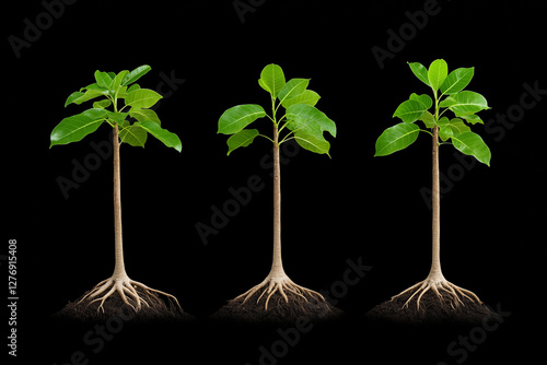 Kapok trees with buttress roots and spiny trunks isolated on black background create a striking visual contrast photo