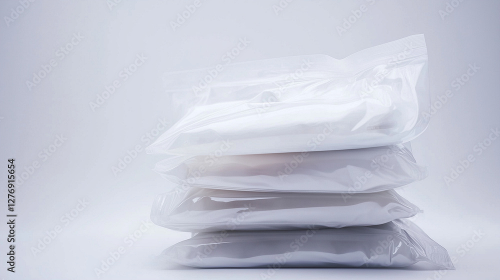 Stacked Vacuum Bags, White Background, Efficient Storage System Stacked Vacuum Bags, White Background, Efficient Storage System