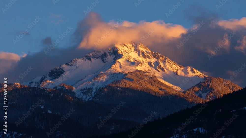 Majestic Mountain Peak with Snow and Golden Clouds at Sunrise or Sunset Majestic Mountain Peak with Snow and Golden Clouds at Sunrise or Sunset