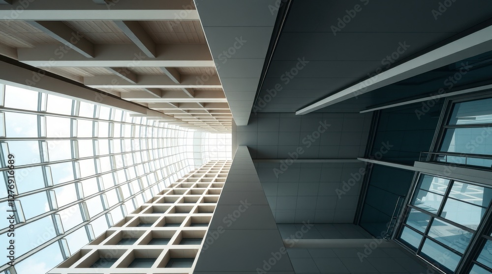 Obraz premium Looking Up at Modern Architectural Design with Windows and Concrete Structure