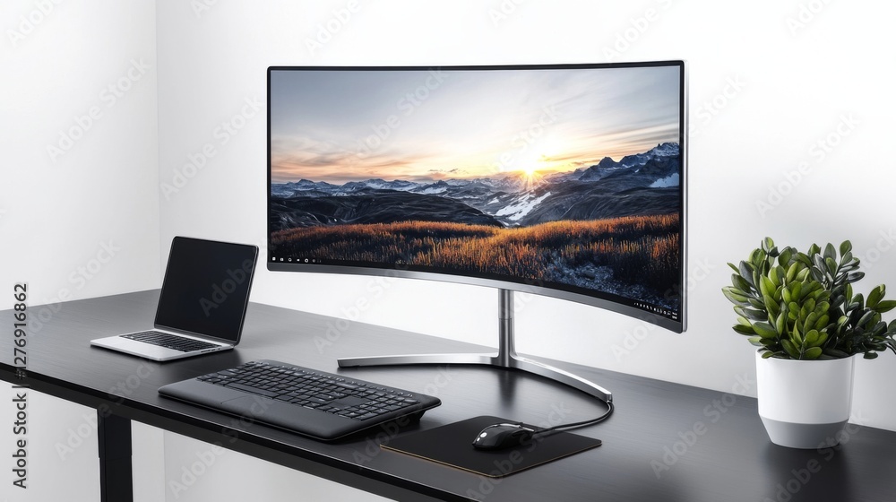 Fototapeta premium Modern workspace featuring curved monitor, laptop, and keyboard with a scenic mountain view at sunset