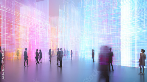 Interactive digital art experience urban center exhibition space modern environment wide-angle view futuristic concepts