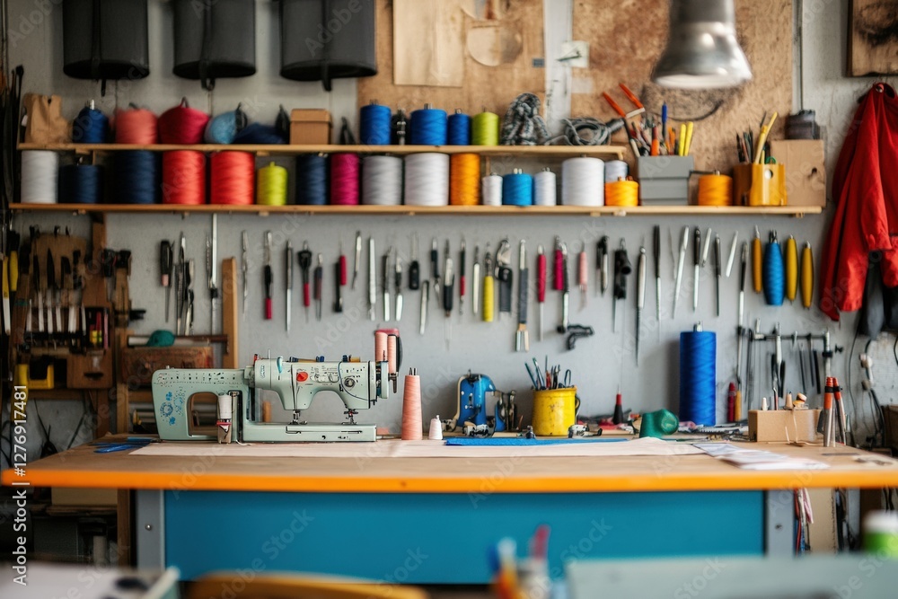 Neatly organized sewing station in a creative workspace. Generative AI Neatly organized sewing station in a creative workspace. Generative AI