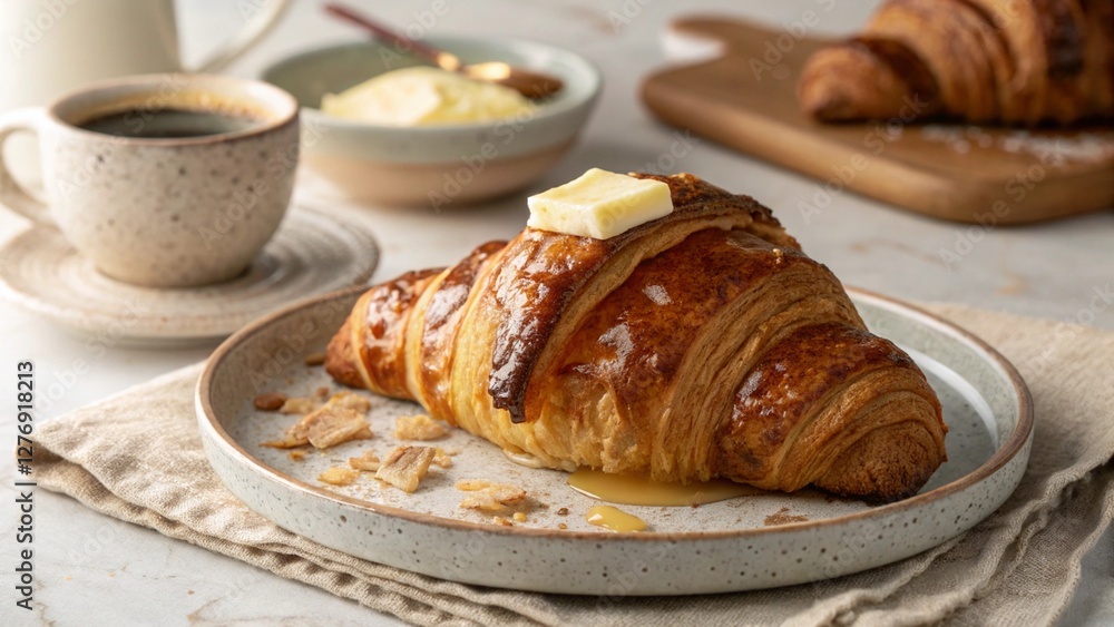 Freshly Baked Croissant with Butter and Coffee Freshly Baked Croissant with Butter and Coffee