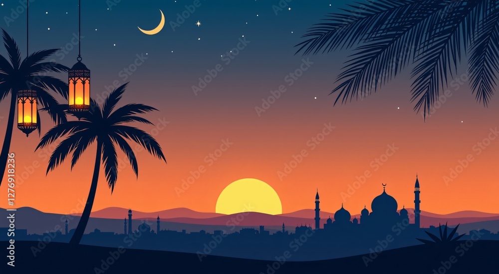 Naklejka premium Ramadan Eid Lanterns Night. Serene cityscape background for greetings, banners, social media. Twilight sky, stars, moon.