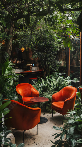 A garden café with orange chairs and velvet armchairs
