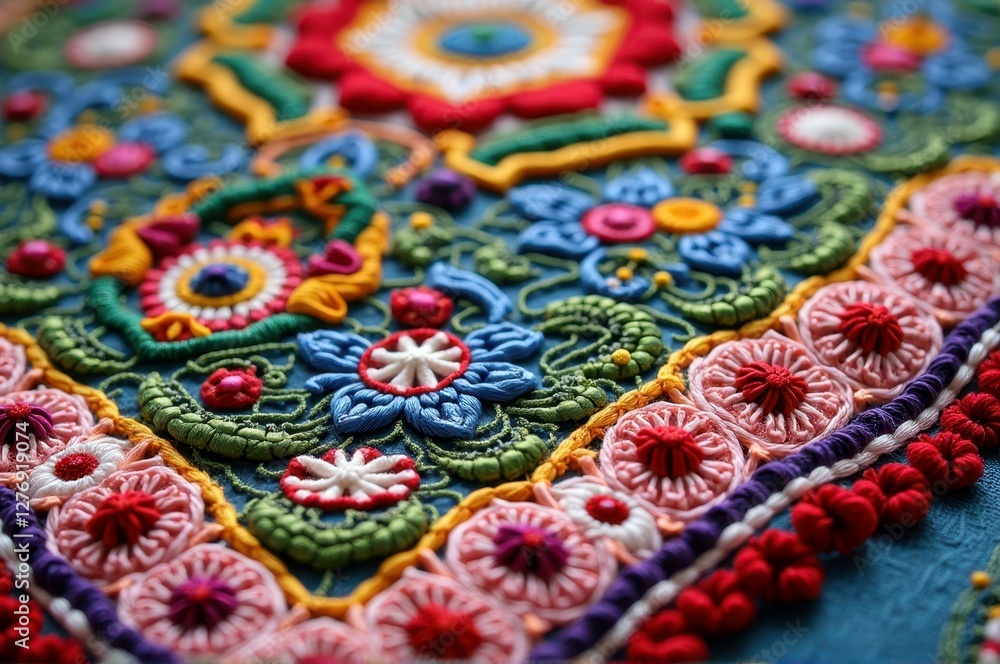Vibrant handcrafted embroidery on colorful textured fabric with floral patterns Vibrant handcrafted embroidery on colorful textured fabric with floral patterns