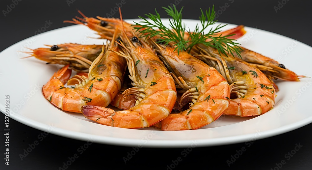 Grilled Shrimp Garnished with Fresh Dill on White Background Grilled Shrimp Garnished with Fresh Dill on White Background