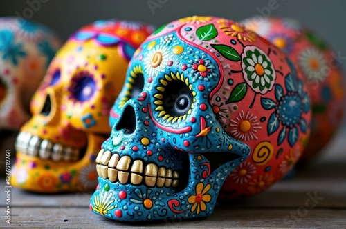 Colorful day of the dead sugar skulls with floral patterns