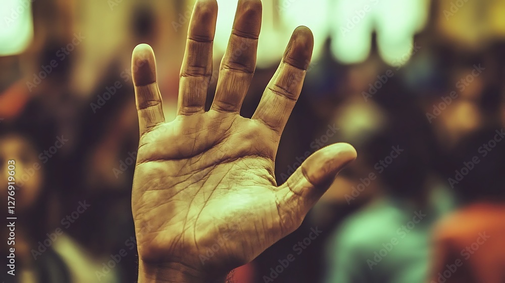 Uplifted hand amid blurred silhouettes suggesting participation Uplifted hand amid blurred silhouettes suggesting participation