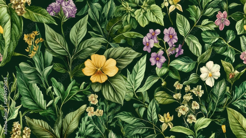 Naklejka premium Lush floral pattern with colorful flowers and green leaves on dark background