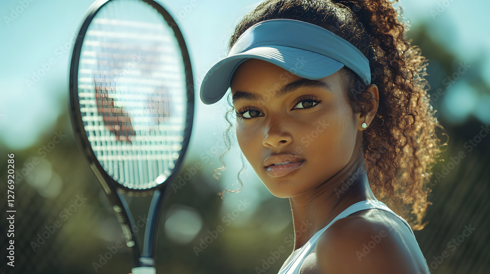 Confident young afro woman in blue visor holding tennis racket looking directly into camera with calm yet competitive gaze. National Tennis Pro Day Confident young afro woman in blue visor holding tennis racket looking directly into camera with calm yet competitive gaze. National Tennis Pro Day