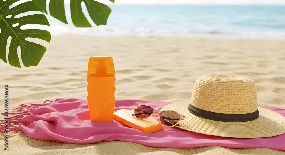 A beach scene featuring a pink towel on the sand, an orange sunscreen bottle, a pair of sunglasses, and a straw hat. The ocean is visible in the background, with green leaves framing the scene. A beach scene featuring a pink towel on the sand, an orange sunscreen bottle, a pair of sunglasses, and a straw hat. The ocean is visible in the background, with green leaves framing the scene.