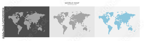 A set of three point maps of the world in a modern style. A world map made up of dots on different backgrounds. Vector graphics EPS 10.