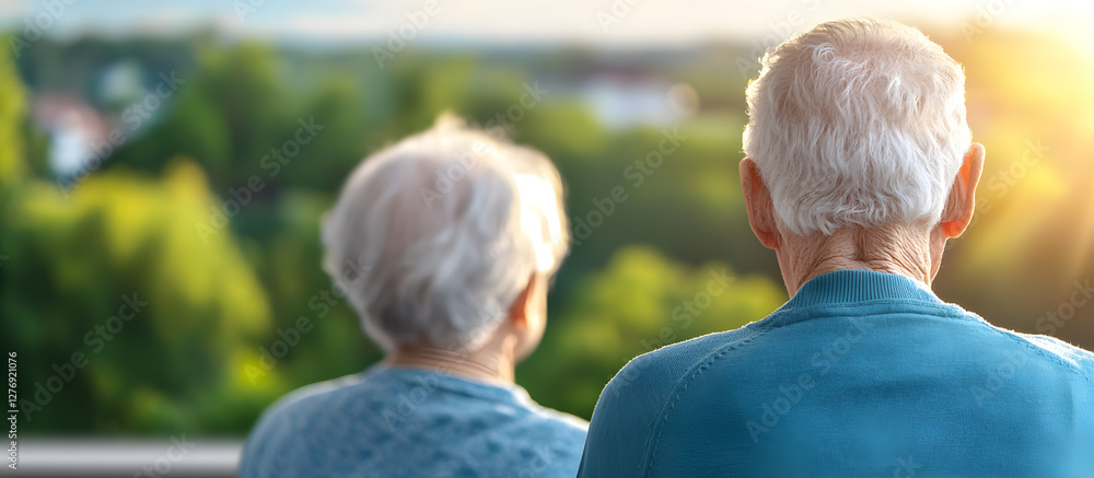 Fototapeta premium Two elderly people are sitting on a bench and looking out at the trees