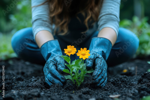 Gardener planting vibrant yellow flowers in rich soil during a sunny afternoon in a lush garden photo