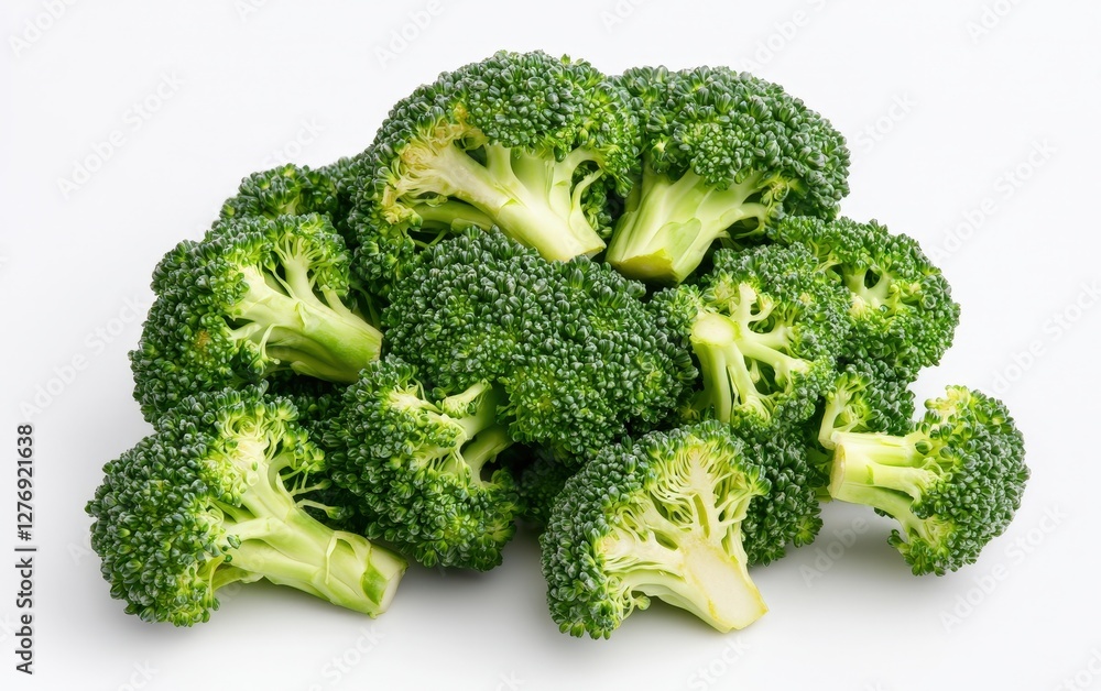 Fresh and vibrant pile of organic broccoli on a clean white surface highlighting healthy eating choices Fresh and vibrant pile of organic broccoli on a clean white surface highlighting healthy eating choices