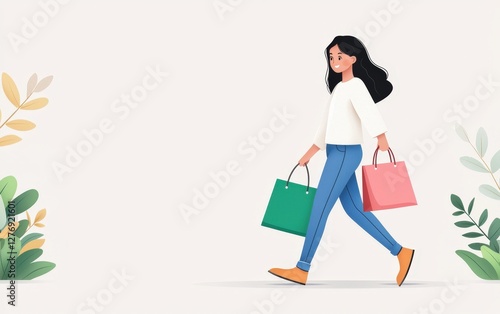 Happy woman walking through outdoor shopping district carrying colorful shopping bags in her hands