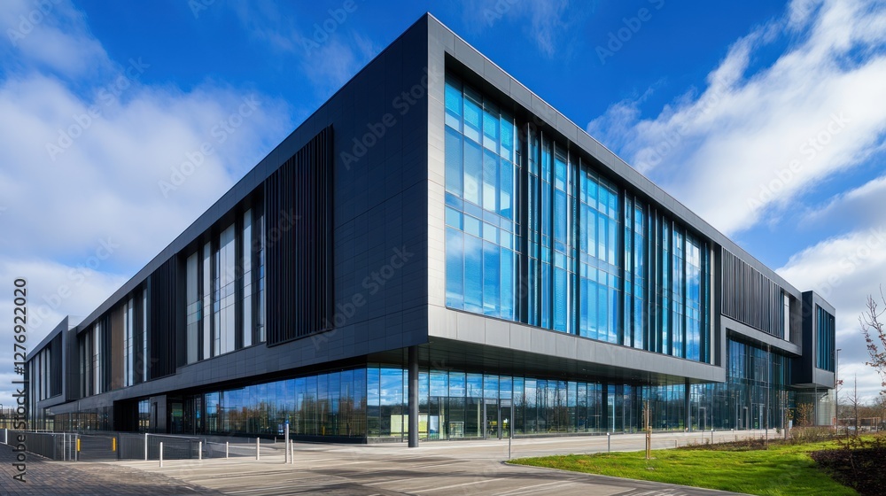 Modern corporate architecture gleaming glass facade under blue sky Modern corporate architecture gleaming glass facade under blue sky
