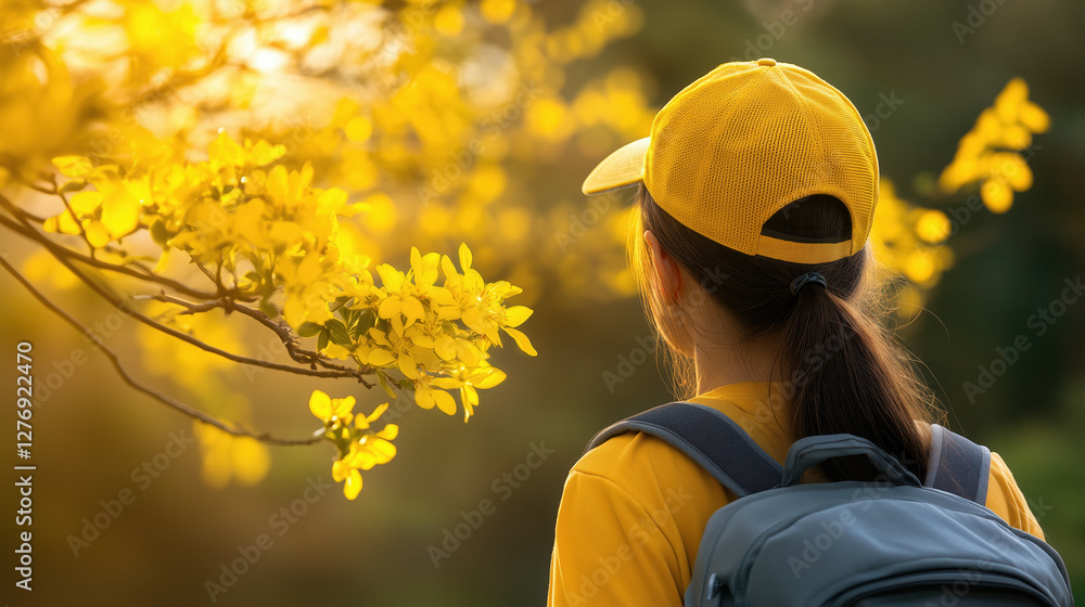 Female tourist with a backpack, wearing a vibrant yellow cap and t-shirt, admiring blooming yellow flowers on a tree during the enchanting golden hour of sunset Female tourist with a backpack, wearing a vibrant yellow cap and t-shirt, admiring blooming yellow flowers on a tree during the enchanting golden hour of sunset