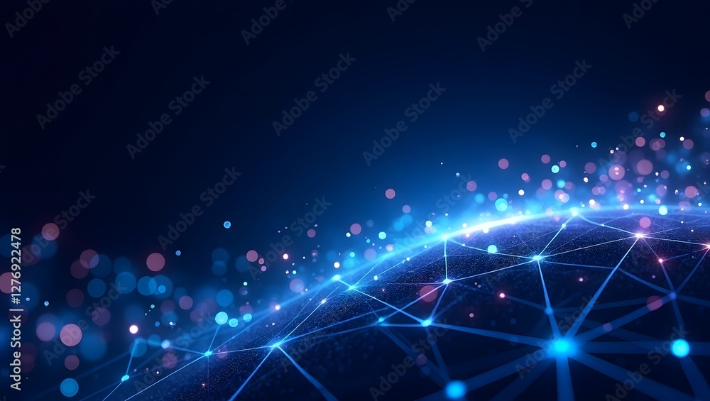 Fototapeta premium Abstract technology background with network of connected lines and blue glowing nodes, copy space