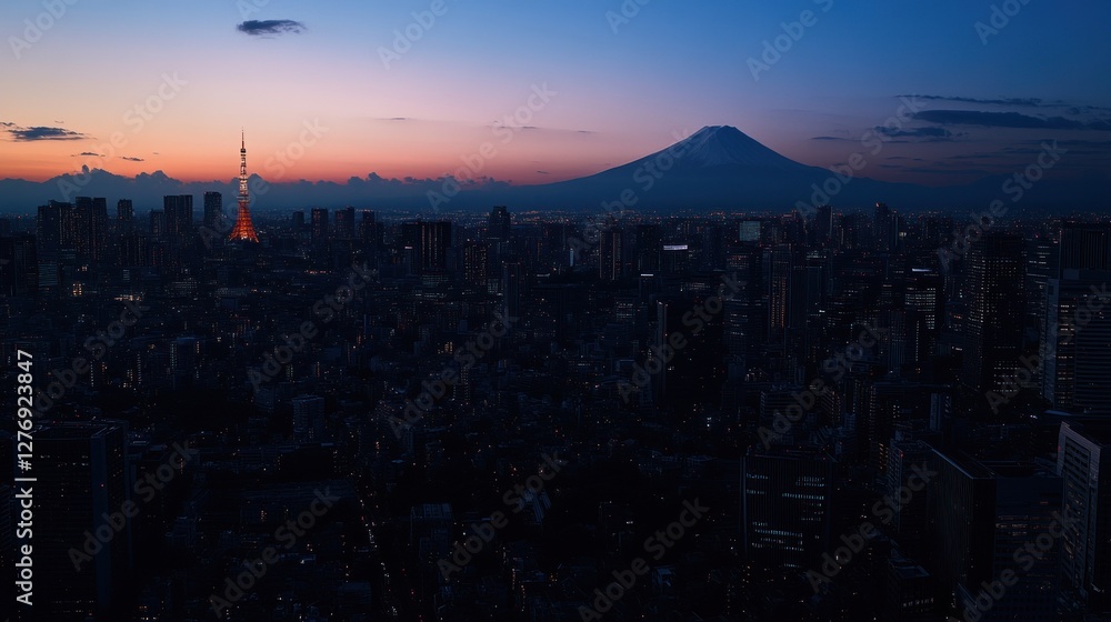 Fototapeta premium Tokyo Cityscape at Twilight with Mount Fuji and Tower View