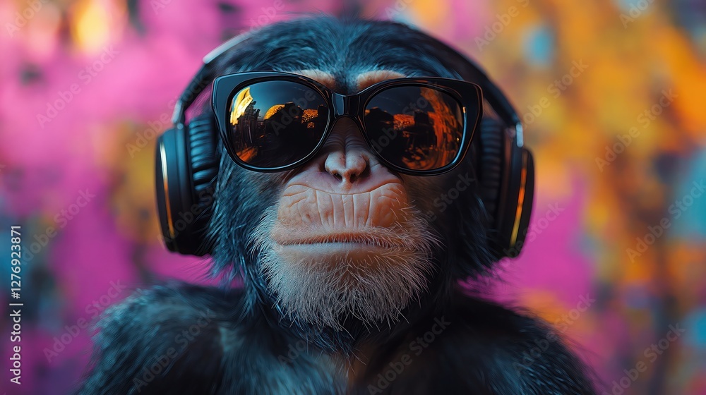 Fototapeta premium Trendy monkey with sunglasses and headphones in vibrant graffiti background