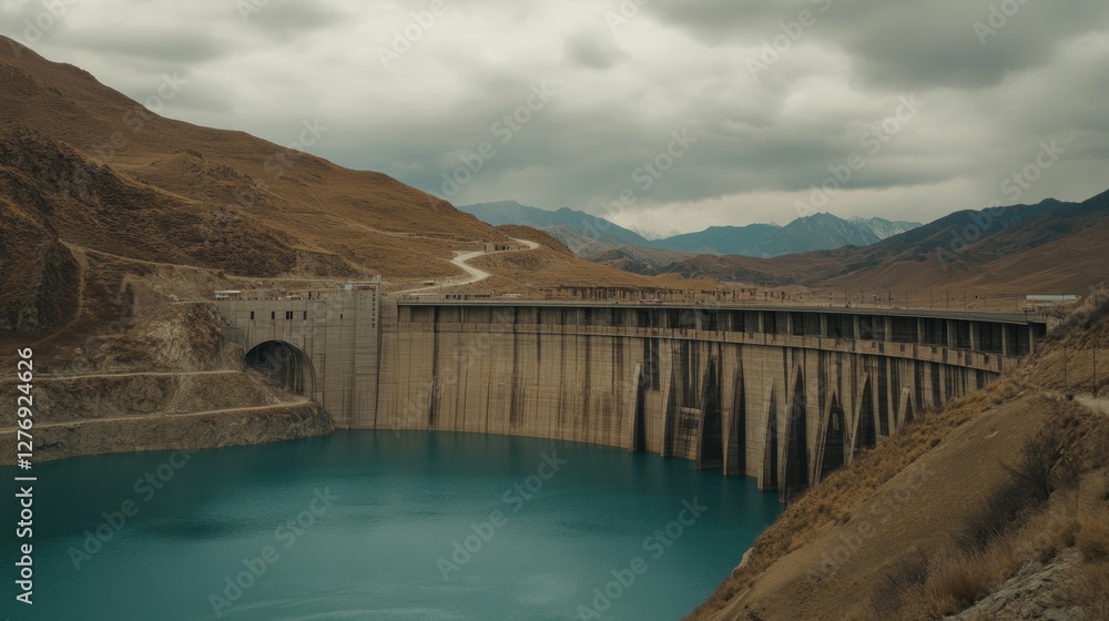 Hydroelectric dam surrounded by mountains on a cloudy day