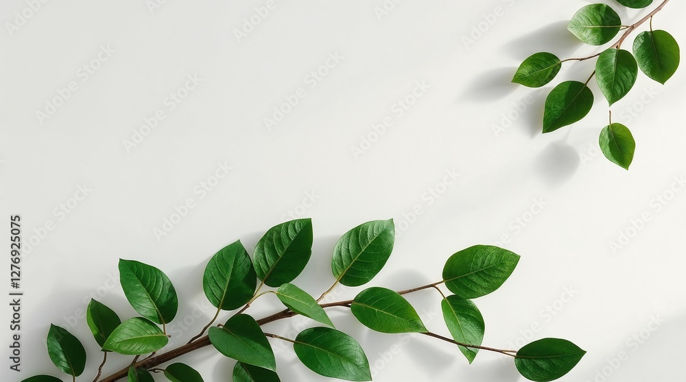 Fresh green leaves and soft natural lighting against a minimalist, eco-friendly background. Fresh green leaves and soft natural lighting against a minimalist, eco-friendly background.