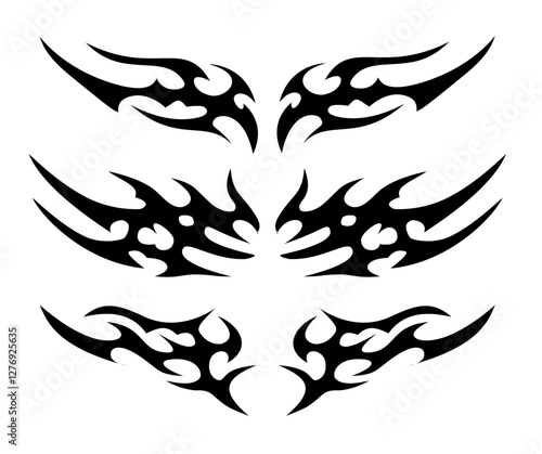 Black and white Neo tribal wings tattoo design Y2k style, cyberpunk retro futuristic tattoo style pattern,