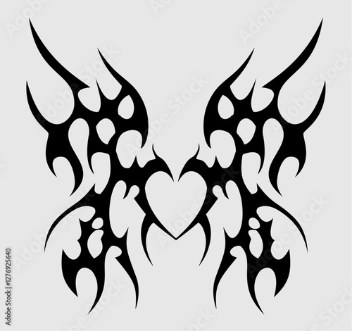 Neo tribal Y2k tattoo design with wings and heart shaped , cybersigilsm art design element