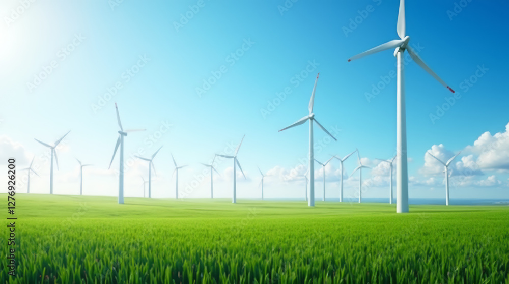 Wind Farm with Turbines Spinning Over Green Fields Under a Clear Blue Sky Wind Farm with Turbines Spinning Over Green Fields Under a Clear Blue Sky