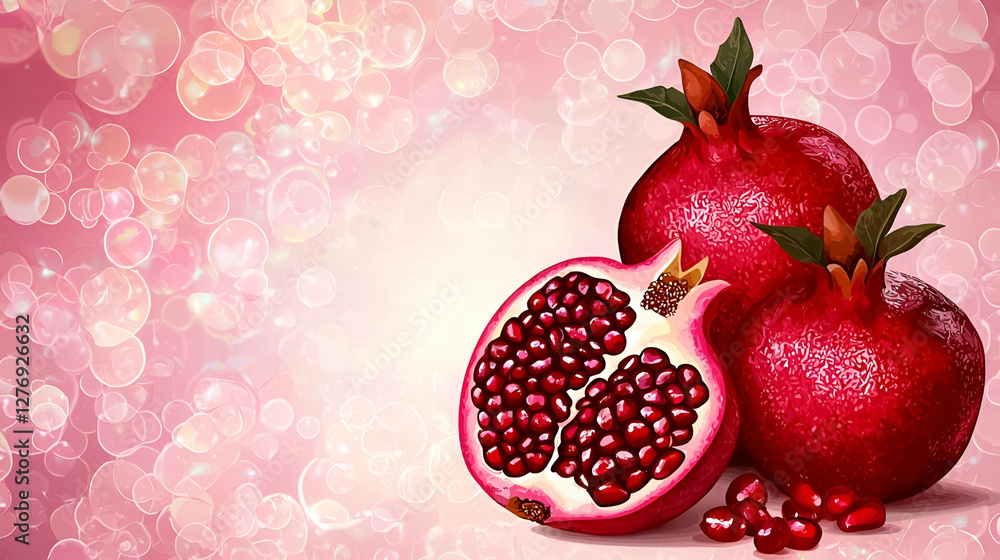 Vibrant Pomegranates on a Soft Pink Background with Bokeh Effect Vibrant Pomegranates on a Soft Pink Background with Bokeh Effect