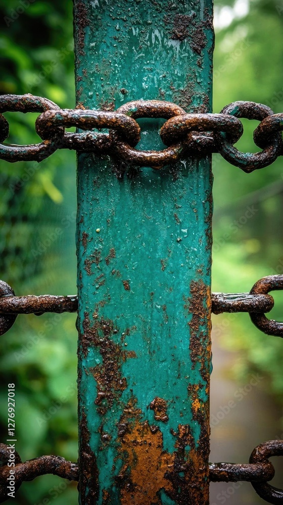Rusty Chain Links on Weathered Teal Post, Nature's Rust Rusty Chain Links on Weathered Teal Post, Nature's Rust