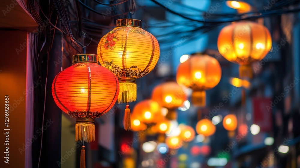 Fototapeta premium During the Spring Festival, Chinese lanterns decorate the streets of Bangkok's old town. These lanterns symbolize good luck, joy, and happiness.