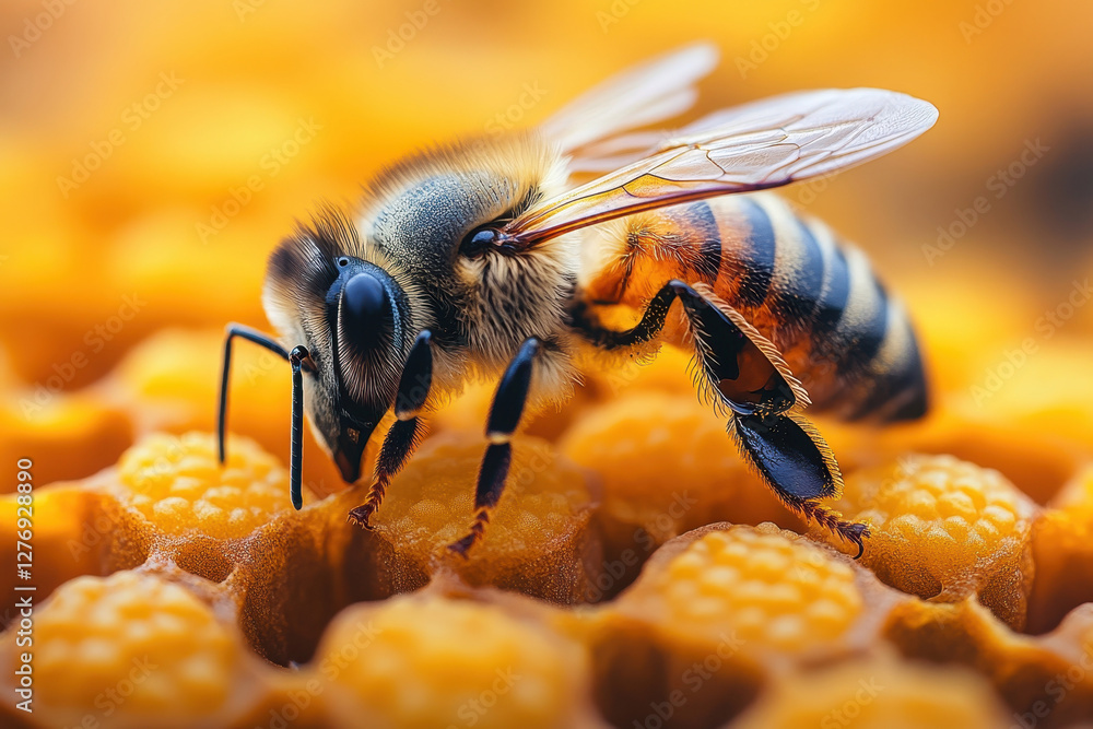 Honey bee collecting pollen on honeycomb in a vibrant natural setting during daytime Honey bee collecting pollen on honeycomb in a vibrant natural setting during daytime