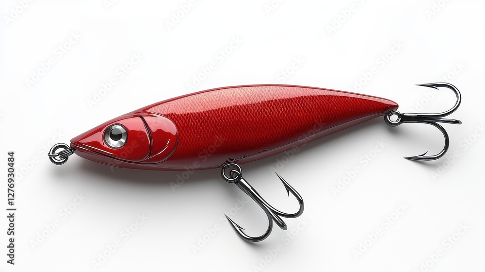 Red fishing lure with twin treble hooks on white background Red fishing lure with twin treble hooks on white background