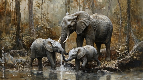 A family of elephants playing in a waterhole 