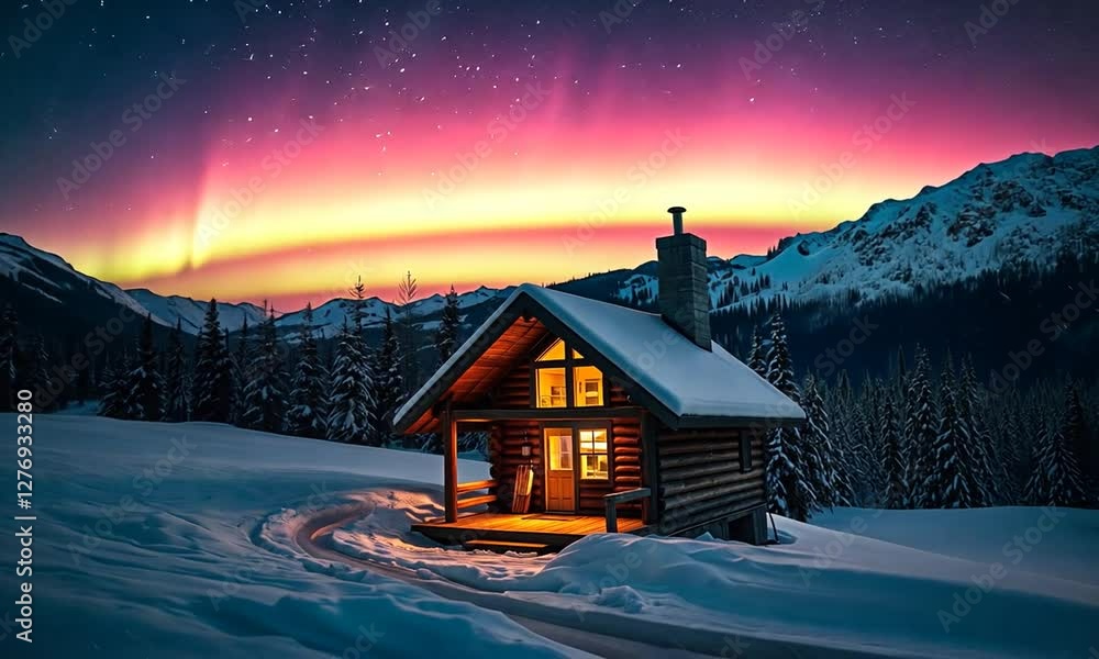 Aurora In The Spectrum Of Green Purple And Red, Illuminating A Backcountry Ski Cabin In The Mighty Snow-covered Rocky Mountains. 4k Aurora In The Spectrum Of Green Purple And Red, Illuminating A Backcountry Ski Cabin In The Mighty Snow-covered Rocky Mountains. 4k